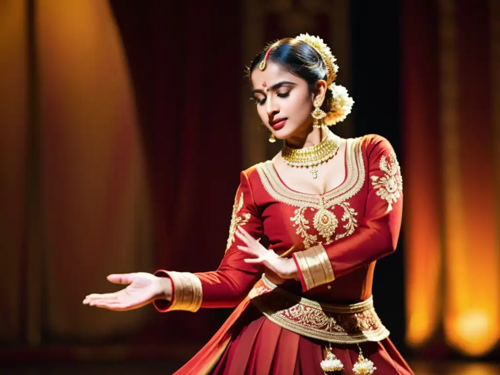 Una bailarina de Kathak viste un traje rojo y dorado, realizando una compleja secuencia de pasos con gracia y pasión en una atmósfera deslumbrante de luz dorada, expresando la técnica de danza clásica India Kathak con maestría