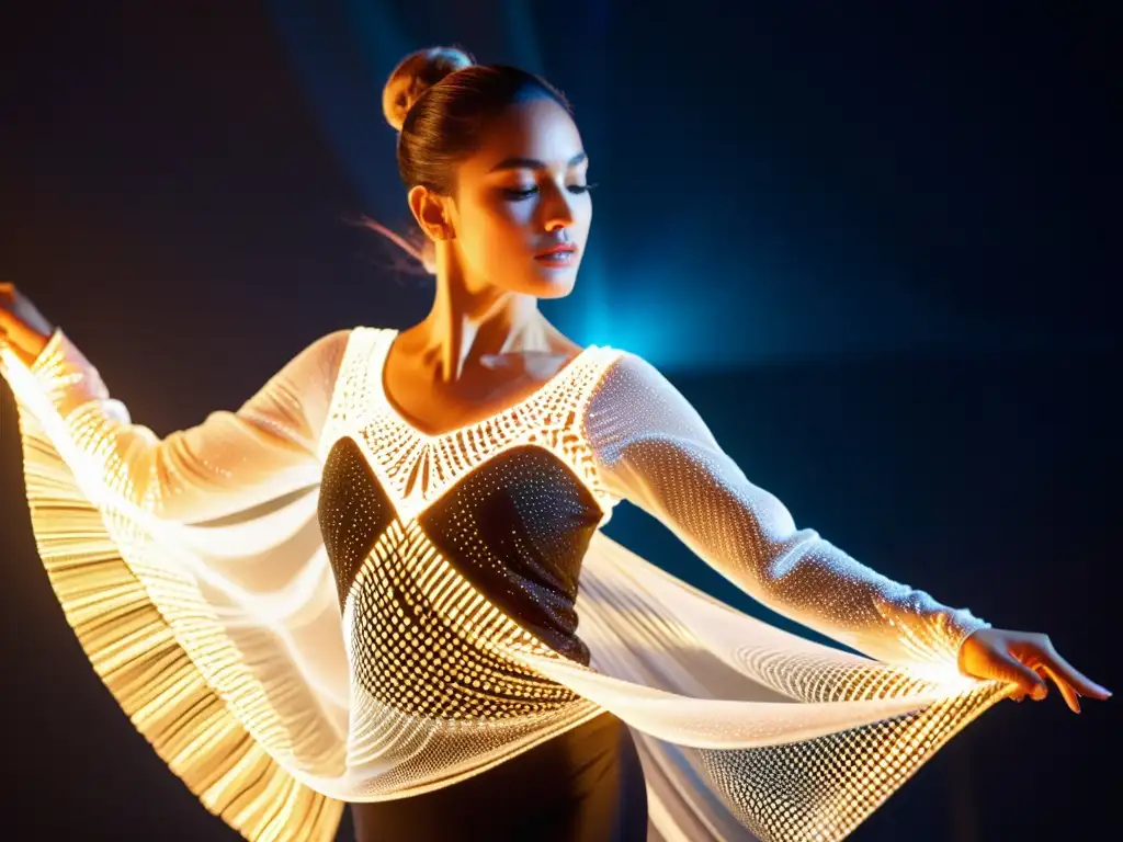 Una bailarina con traje de telas inteligentes y luces LED, fusionando tecnología y danza en un despliegue visual impresionante