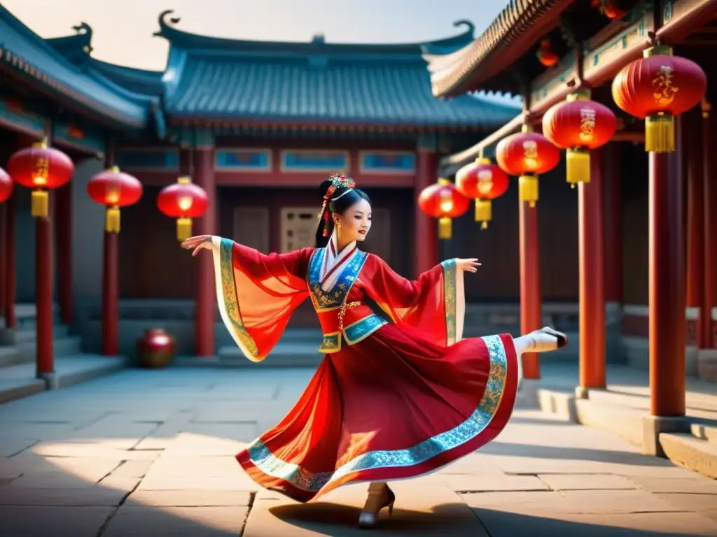 Una bailarina con traje tradicional chino danza en un patio rodeada de faroles rojos, evocando la esencia de los Retiros de Danza Tradicional China