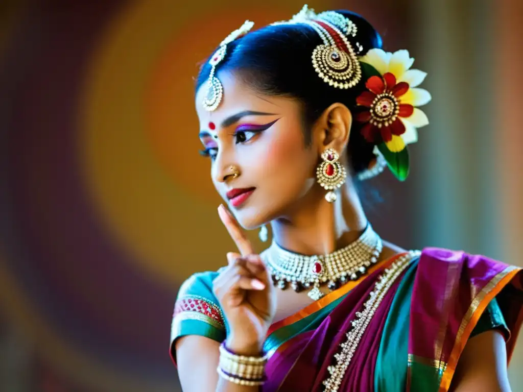 Una bailarina de Odissi en traje tradicional, con elegante pose y expresión serena