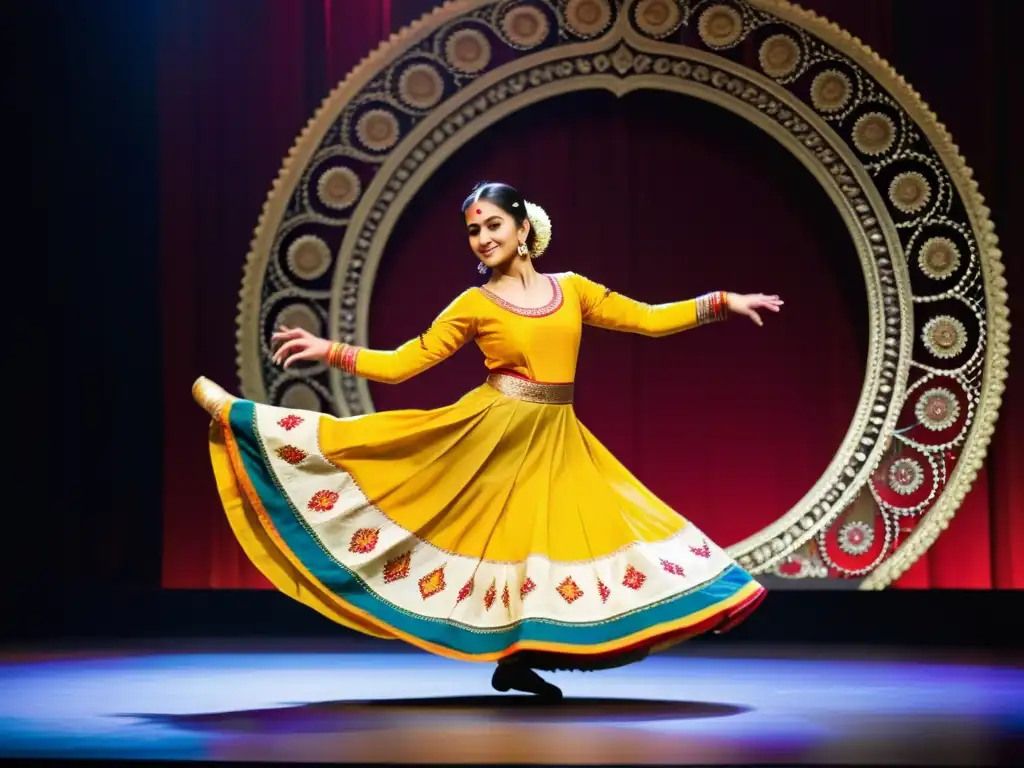 Una bailarina de Kathak con traje tradicional realiza un elegante baile en un escenario colorido, expresando los orígenes y rituales del Kathak Indio