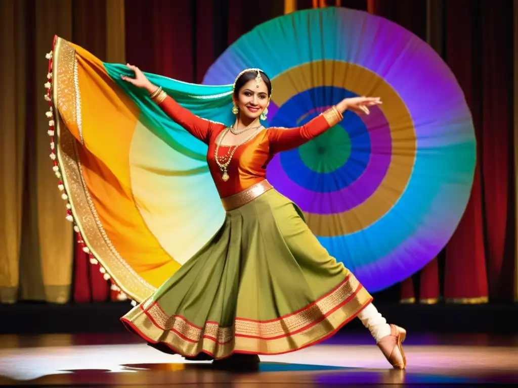 Una bailarina de Kathak india con traje tradicional, ejecutando elegantes movimientos y gestos en un escenario colorido con instrumentos musicales indios, exudando gracia y elegancia