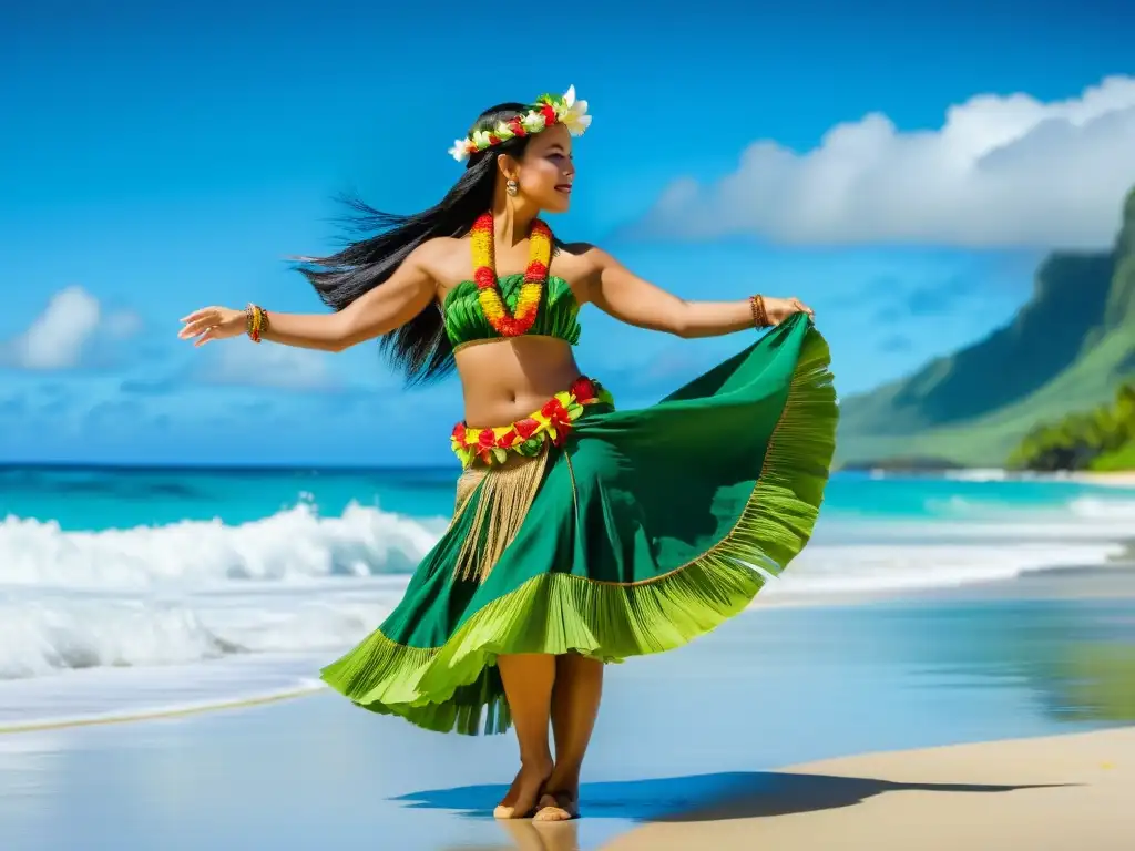 Una bailarina de hula en traje tradicional frente al océano, capturando la esencia de la danza hula hawaiana y su conexión con la naturaleza