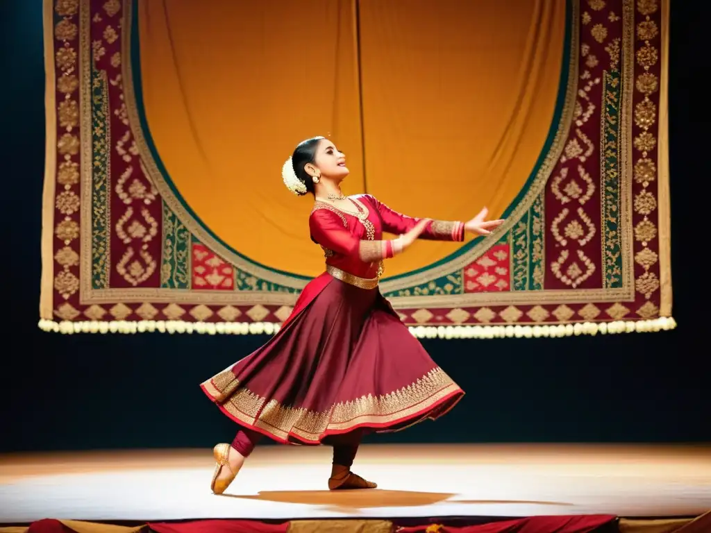 Una bailarina de Kathak India con traje tradicional, gestos expresivos y movimientos fluidos en un escenario decorado con tapices vibrantes