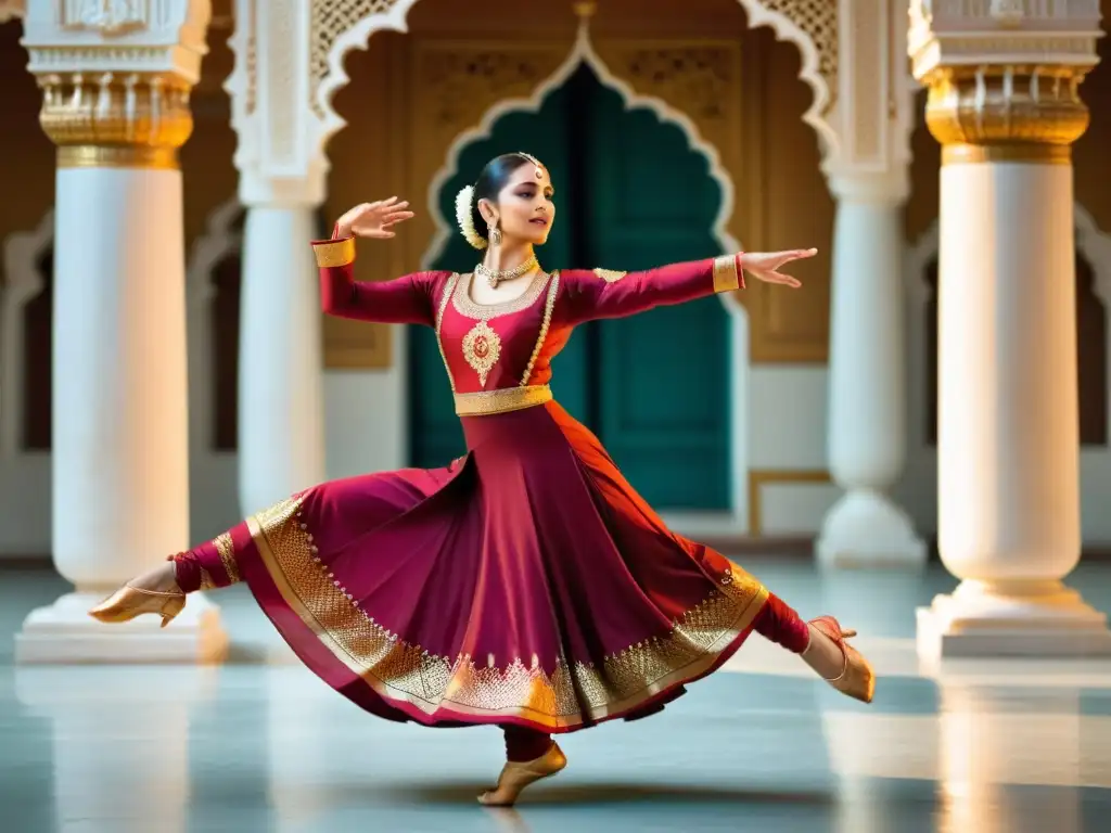 Una bailarina de Kathak en traje tradicional gira con gracia, expresión intensa y gestos precisos