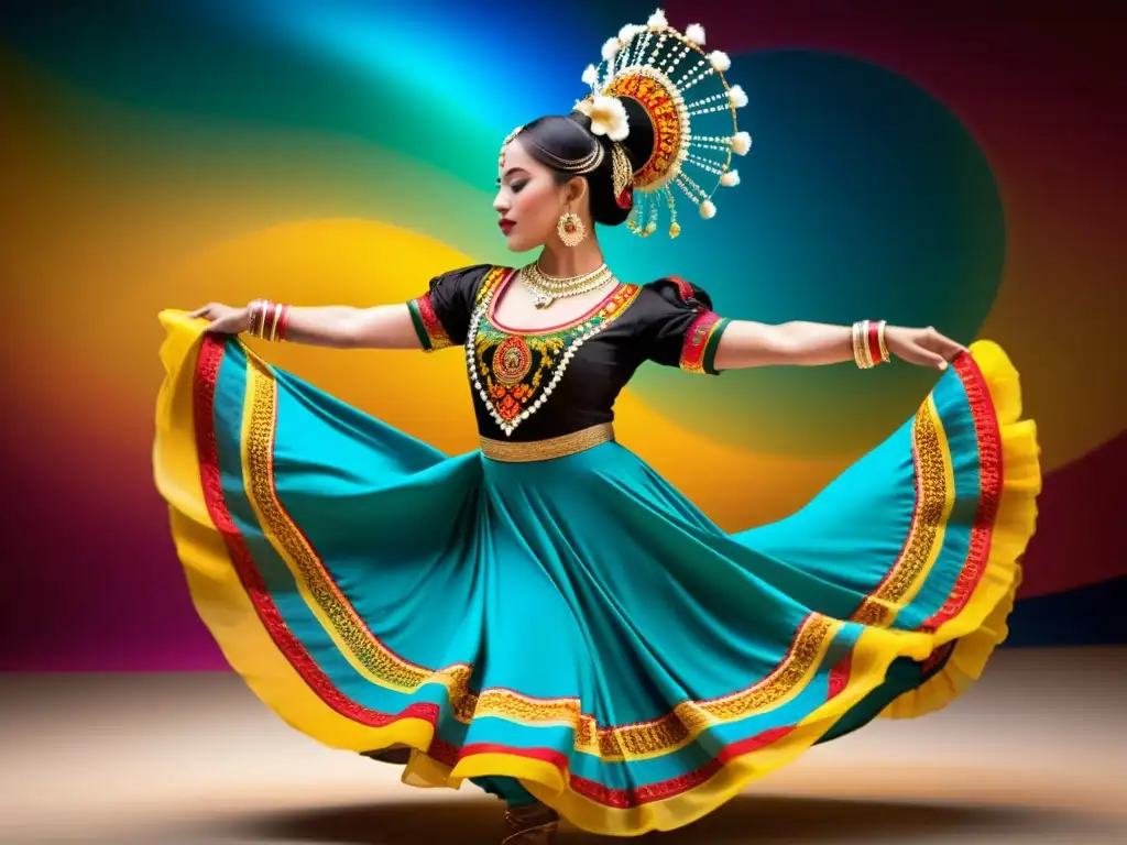 Una bailarina con traje tradicional se mueve con gracia entre colores vibrantes, capturando la esencia de enseñar danza tradicional en redes