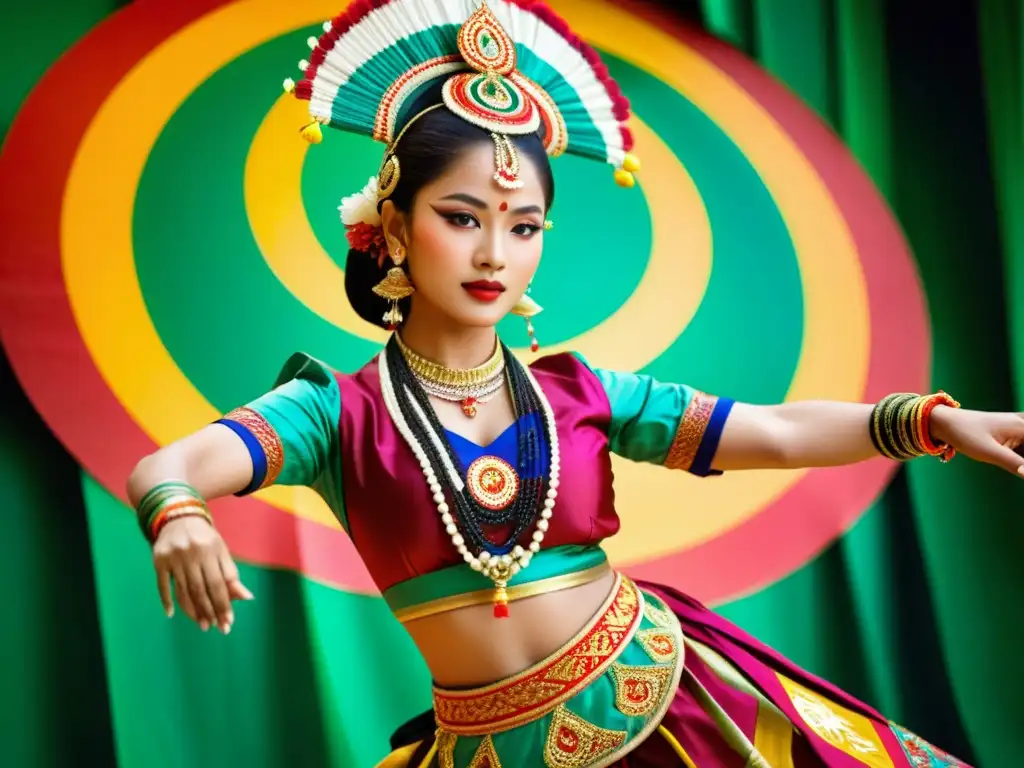 Una bailarina manipuri en traje tradicional ejecuta con gracia y sinuosidad movimientos, gestos intrincados y expresiones cautivadoras, rodeada de colores vibrantes y decoraciones ornamentales, creando un deslumbrante y encantador espectáculo visual de las técnicas y movimientos de la danza