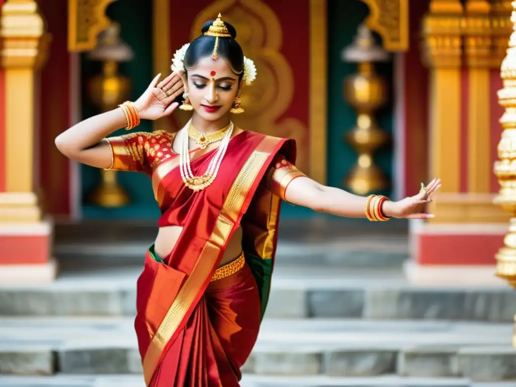 Una bailarina de Bharatanatyam en traje tradicional, exudando gracia y precisión en movimientos, en un templo colorido