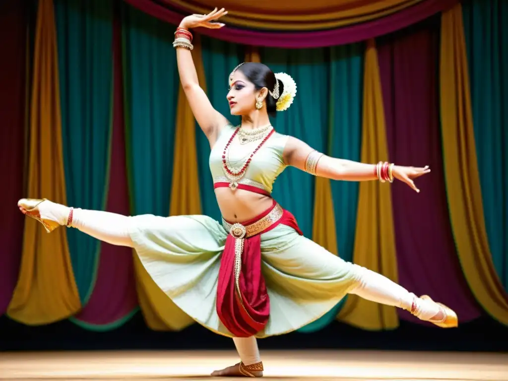 Una bailarina de Odissi con traje tradicional y joyas realizando una danza llena de gracia y expresión en un escenario colorido con motivos indios