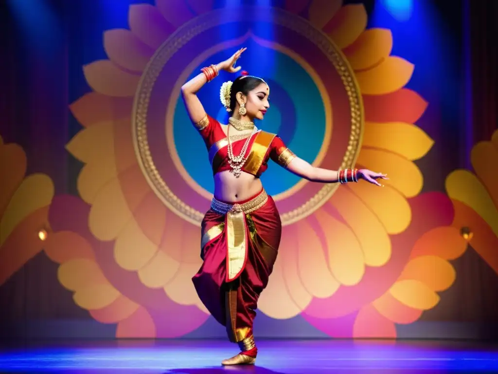 Una bailarina de Bharatanatyam con traje tradicional, ejecutando movimientos expresivos en un escenario colorido