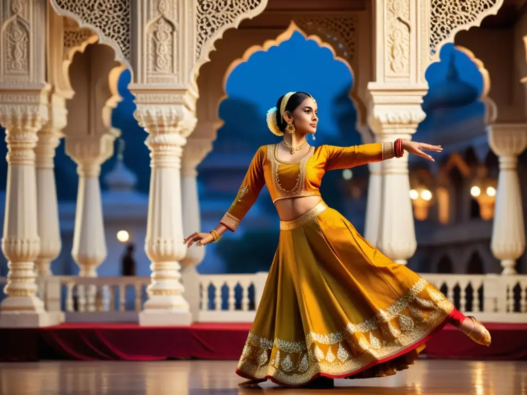 Una bailarina de Kathak India, con traje tradicional, ejecuta movimientos gráciles y expresivos ante una arquitectura ornamentada