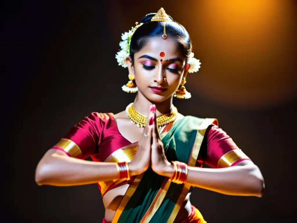 Una bailarina de Bharatanatyam, con traje vibrante, ejecuta una compleja mudra con precisión, expresando intensas emociones