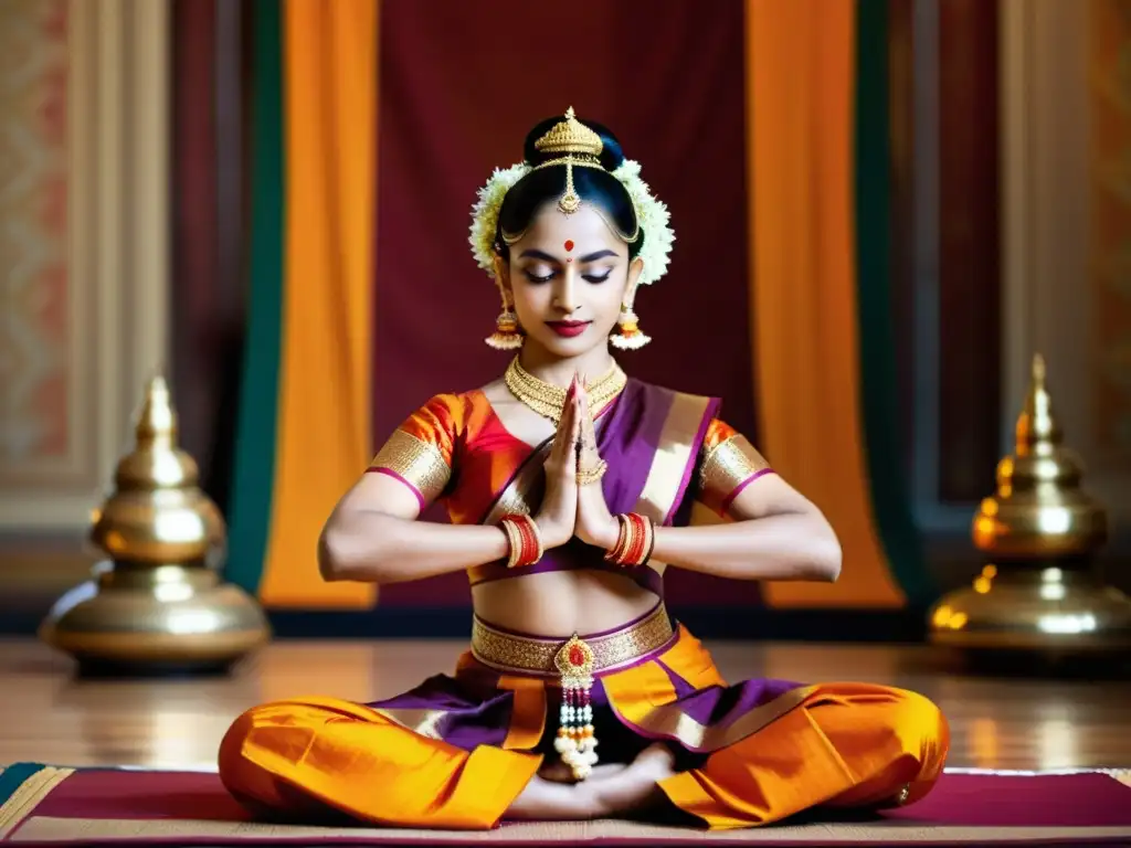 Una bailarina de Bharatanatyam en un traje vibrante y detallado, realizando un mudra con concentración