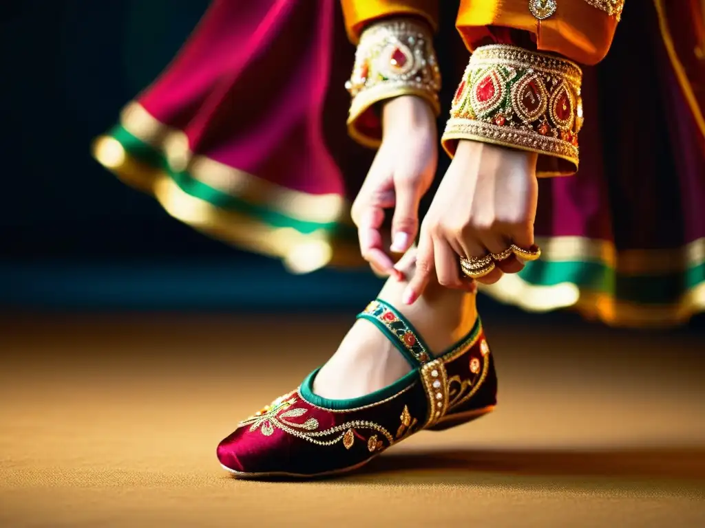 Una bailarina de Kathak con traje vibrante y gestos precisos, en un escenario con sombras dramáticas