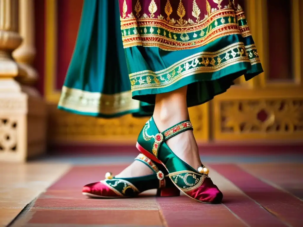 Una bailarina de Kathak en un traje vibrante, ejecutando movimientos precisos ante un fondo de arquitectura india