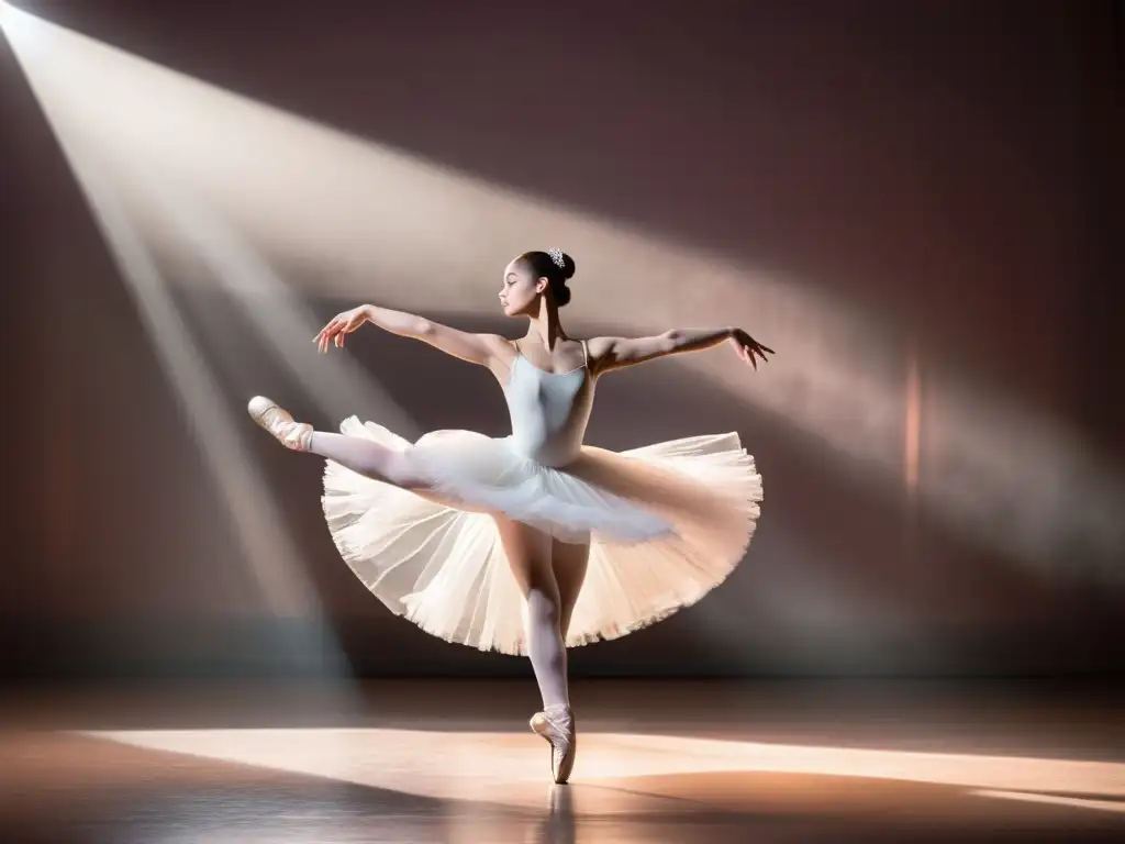 Una bailarina en un tutú blanco, de pie en puntas, brazos extendidos