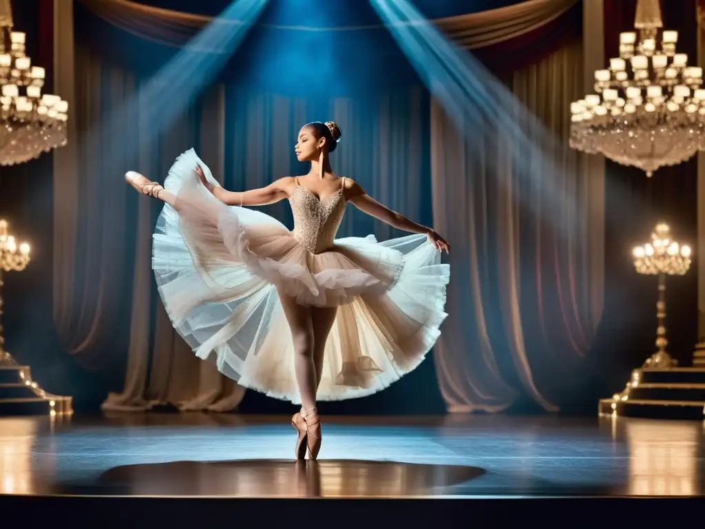 Una bailarina en un vestido opulento en el escenario, rodeada de tul y luces dramáticas