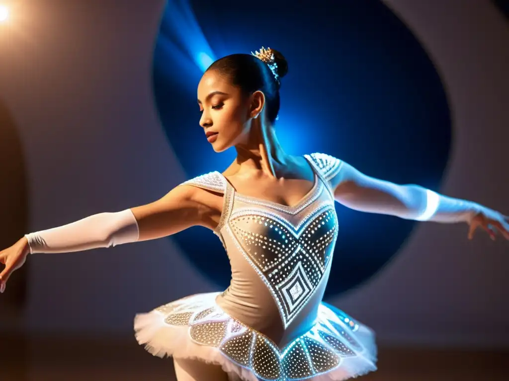 Bailarina con vestuario de danza de telas inteligentes y luces LED, fusionando arte y tecnología en un instante de gracia