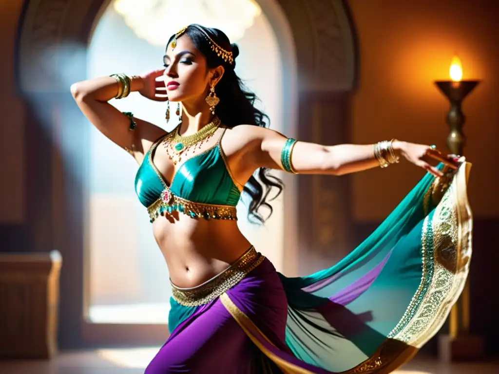 Exquisita danza del vientre: gracia y tradición en movimiento Una bailarina del vientre experta ejecutando movimientos fluidos y elegantes, capturando la esencia y el atractivo de la danza del vientre