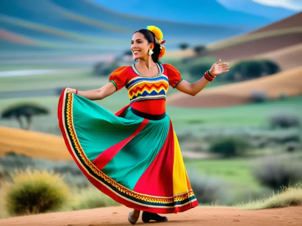 Una bailarina de zamba argentina en un vestido multicolor, fusionando culturas con música y paisaje diverso