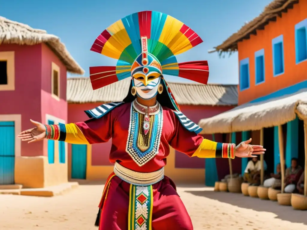 Una bailarina Zaouli de Costa de Marfil, con una máscara colorida y elaborada, realiza un baile dinámico y expresivo en un pueblo tradicional