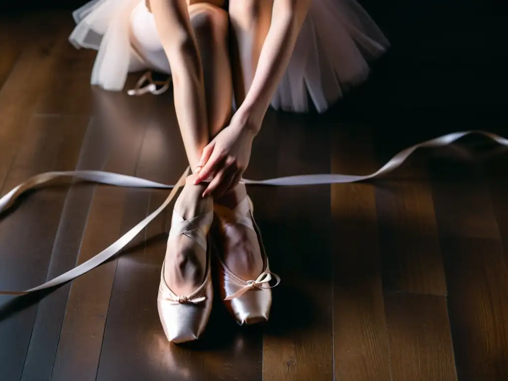 Una bailarina de ballet ata sus zapatillas de puntas en un estudio tenue