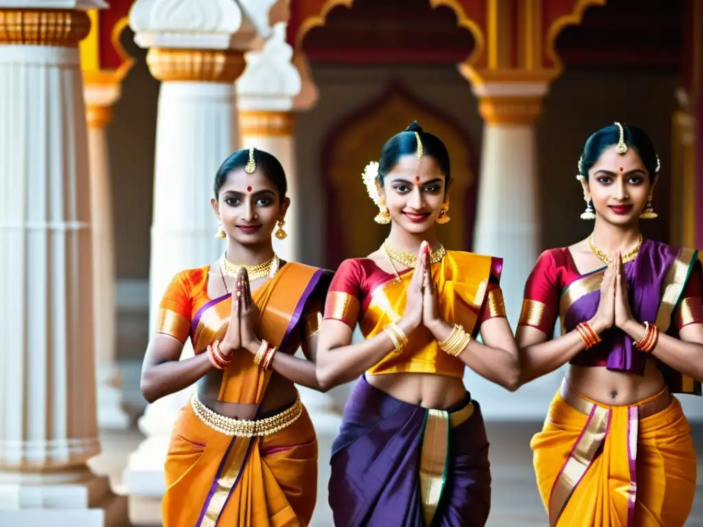 Bailarinas de Bharatanatyam en trajes tradicionales, realizando una elegante mudra con telas de seda vibrantes y arquitectura del templo ornamental al fondo