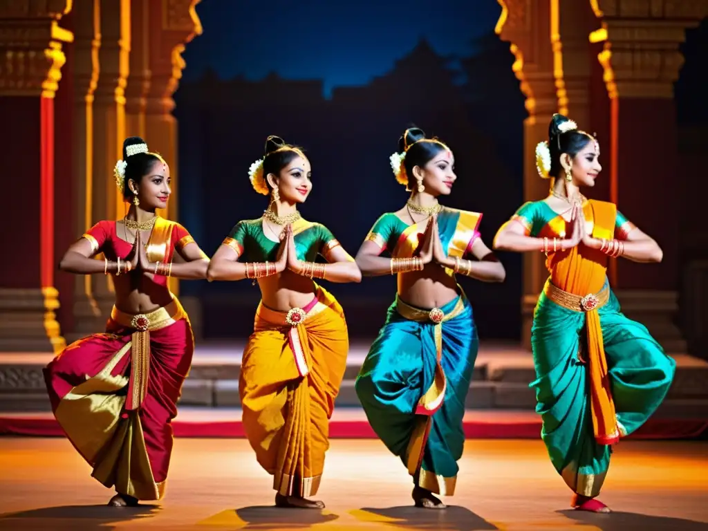 Bailarinas de Bharatanatyam en trajes tradicionales, expresando devoción en pose divina frente a un templo hindú