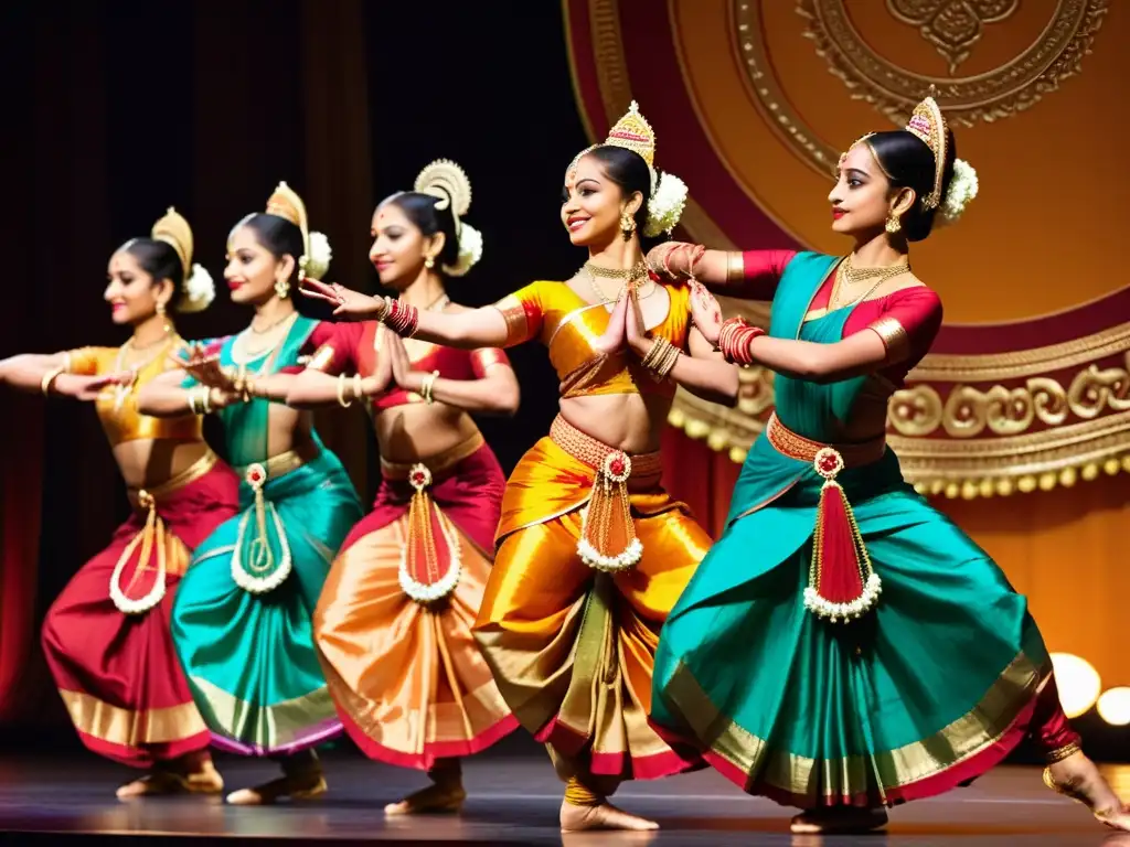 Bailarinas de Bharatanatyam en trajes tradicionales de la India, ejecutando gestos y expresiones faciales en un escenario iluminado con tonos dorados