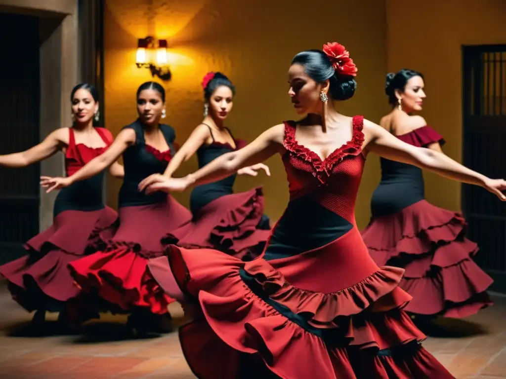 Apasionadas bailarinas de flamenco en presentación íntima en Sevilla, transmitiendo el significado cultural del Flamenco en la Feria de Abril