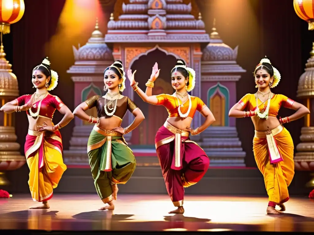 Bailarinas de Bharatanatyam danzando con gracia en un escenario decorado con flores, rodeadas de arquitectura de templo hindú