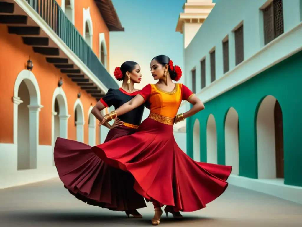 Dos bailarinas tradicionales de flamenco y Bharatanatyam se presentan en un entorno urbano moderno, expresando pasión y gracia