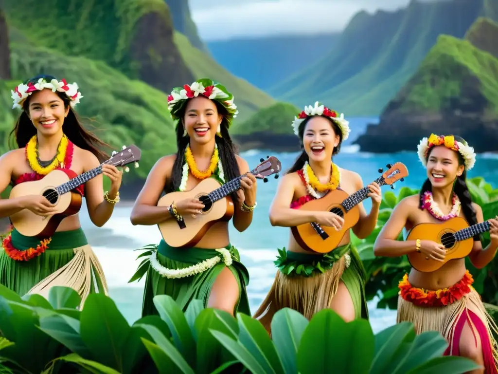 Bailarinas de hula con trajes tradicionales hawaianos, moviéndose al ritmo de música en vivo