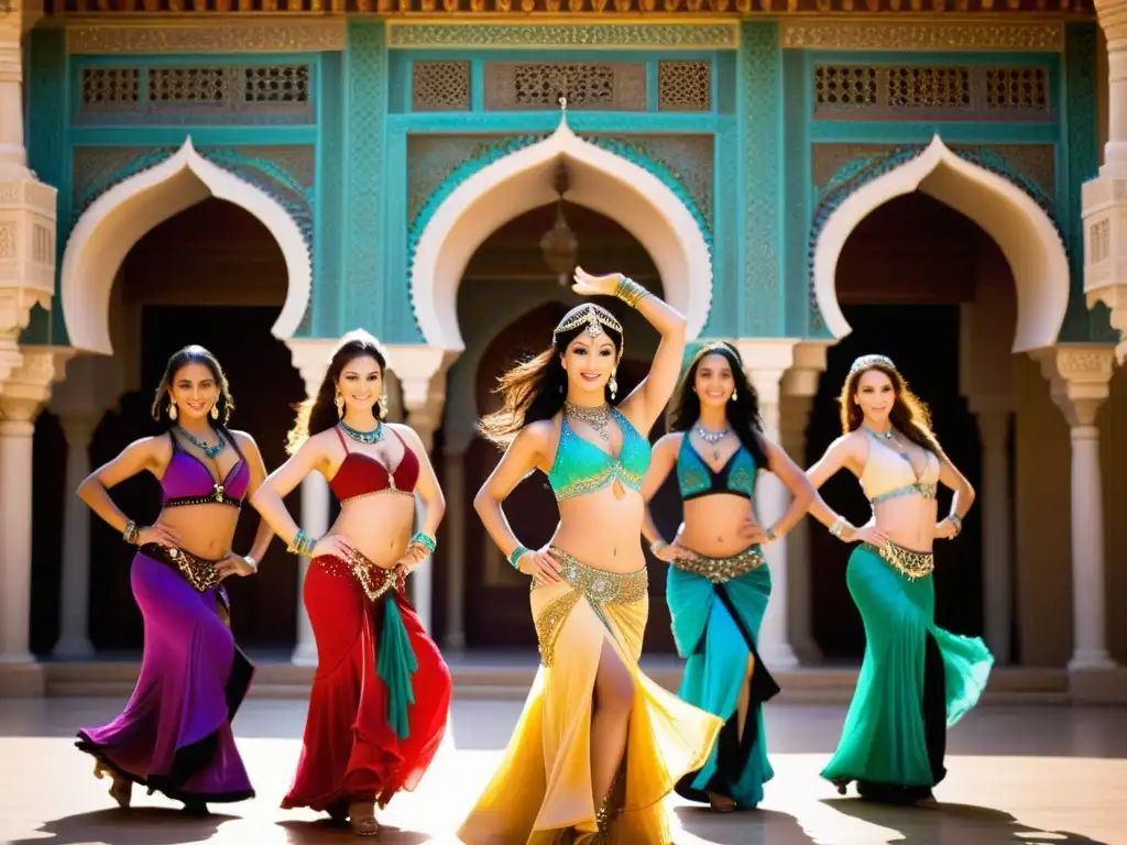 Bailarinas del vientre con trajes vibrantes danzan entre arquitectura oriental