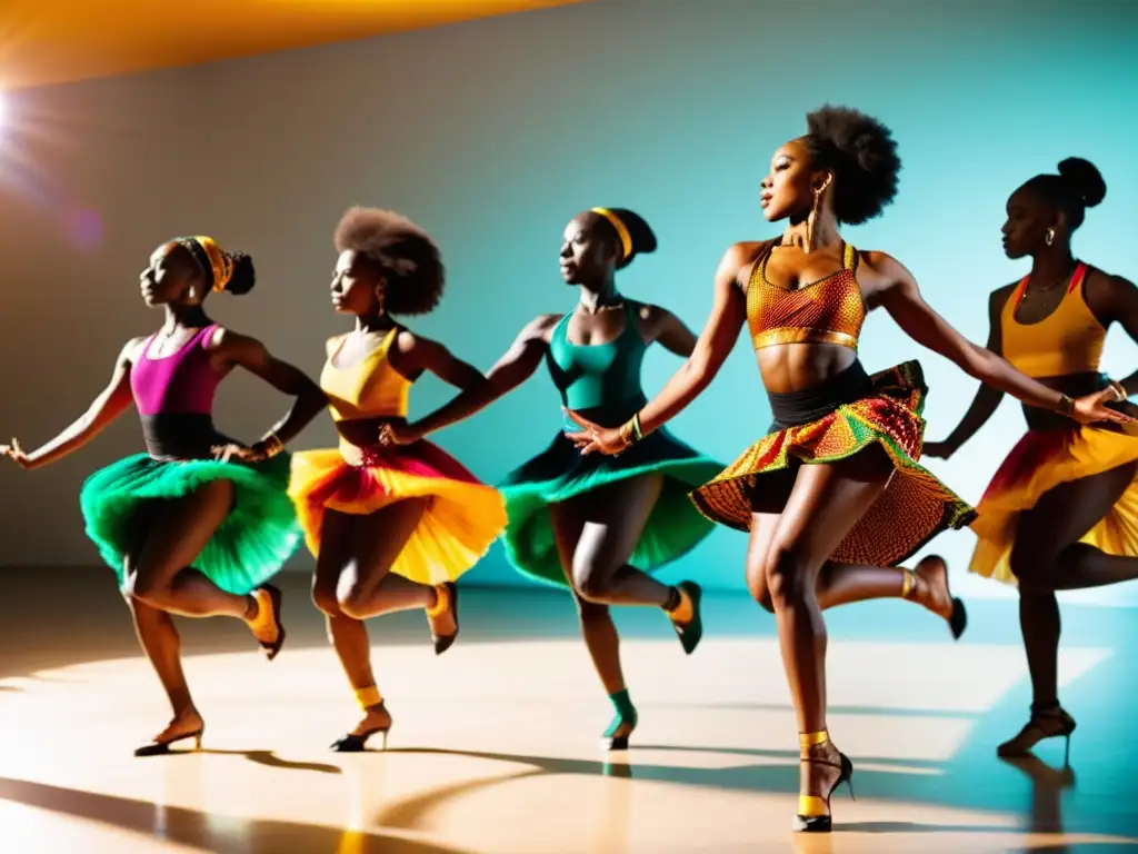 Bailarines africanos contemporáneos realizando rutinas de danza en un estudio soleado, transmitiendo fuerza y gracia