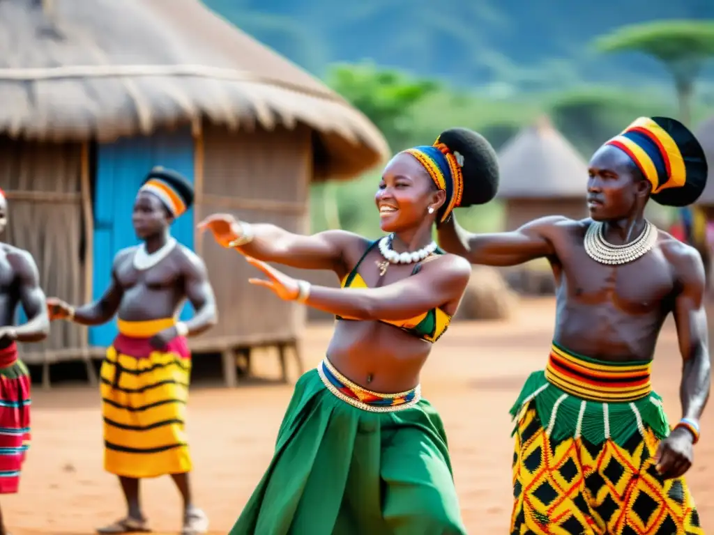 Los bailarines africanos interpretando la danza para conectar culturas, con trajes coloridos y movimientos fascinantes