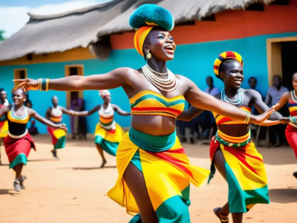 Bailarines africanos con trajes coloridos danzando en una plaza