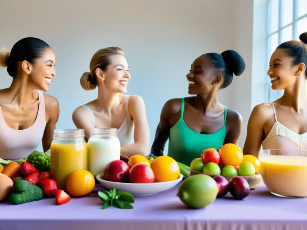 Bailarines practican con alimentos probióticos en un estudio soleado, mostrando los beneficios de probióticos para bailarines