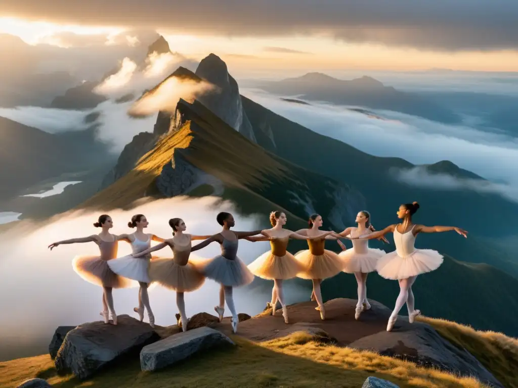 Bailarines en altitud entrenan con gracia y fuerza, danzando entre nubes al amanecer