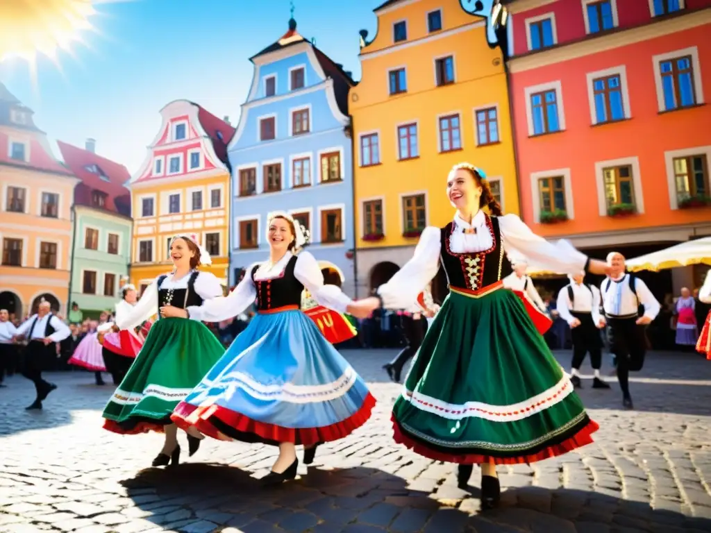 Bailarines celebrando una animada polca en trajes tradicionales de Europa Central en la plaza del pueblo