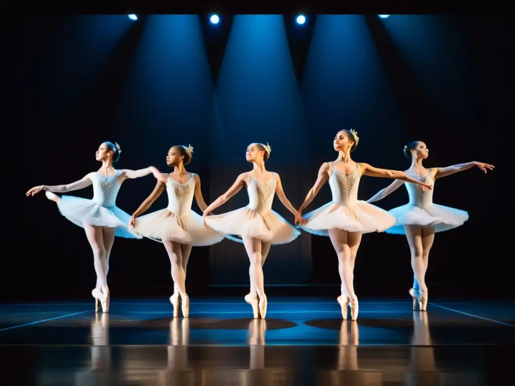 Bailarines de ballet en elegantes trajes, ejecutando arabescos con gracia bajo el foco en el escenario