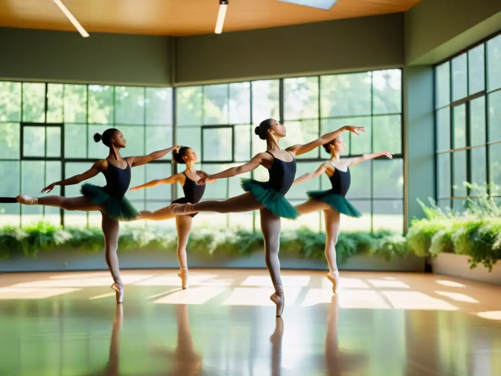 Bailarines de ballet practicando con energía en un estudio iluminado por el sol, mostrando fuerza y agilidad