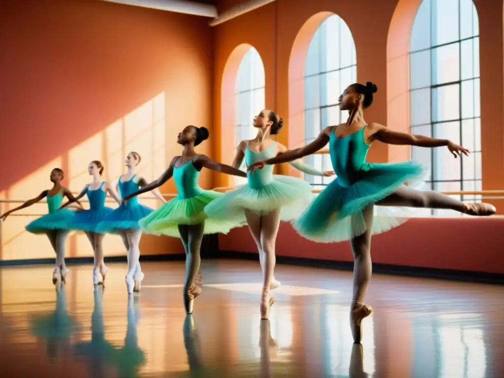 Bailarines de ballet practicando en estudio amplio y soleado, exudando arte y disciplina