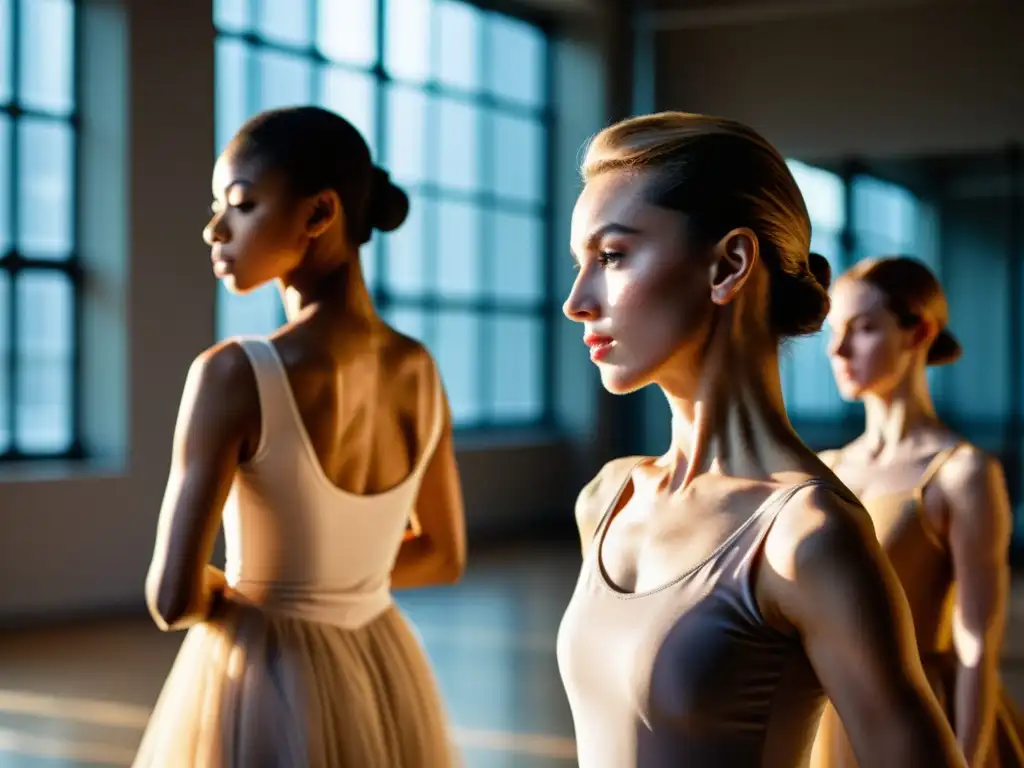 Bailarines de ballet practicando con determinación en un estudio, bañados por luz natural