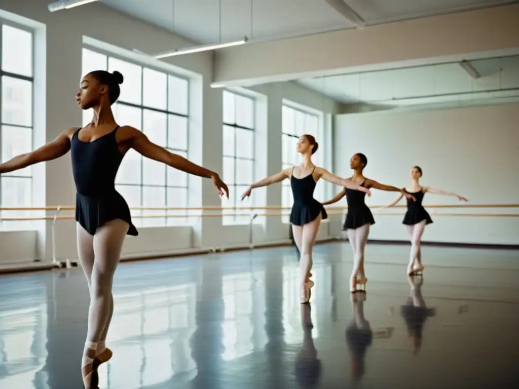 Gracia y pasión: Bailarines de ballet en estudio Bailarines de ballet estirándose en estudio luminoso, mostrando disciplina y dedicación