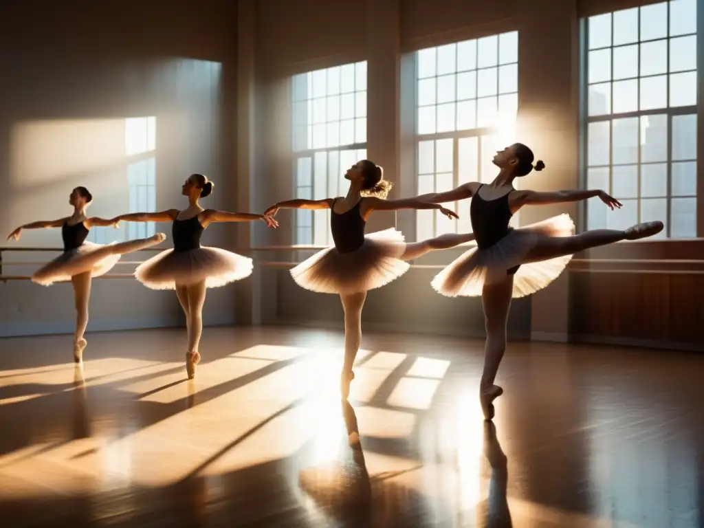 Bailarines de ballet ensayando en un estudio soleado, capturando la gracia y disciplina de la danza