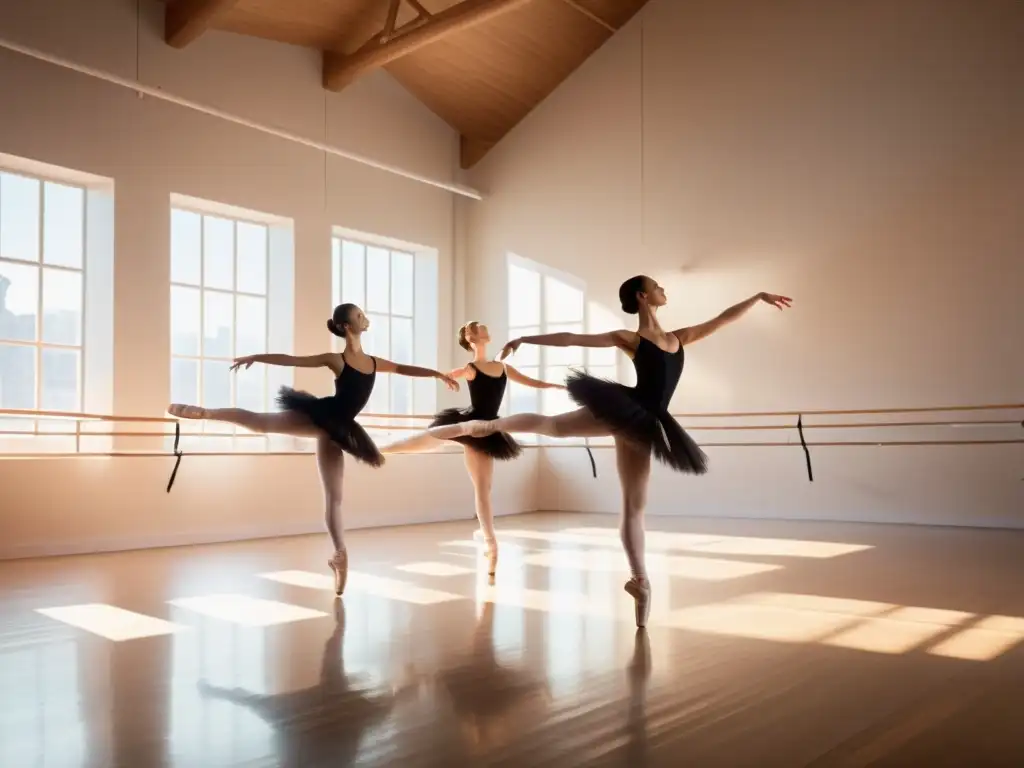 Bailarines de ballet en elegantes movimientos Bailarines de ballet practicando en un estudio soleado y espacioso, capturando movimientos gráciles en el aire