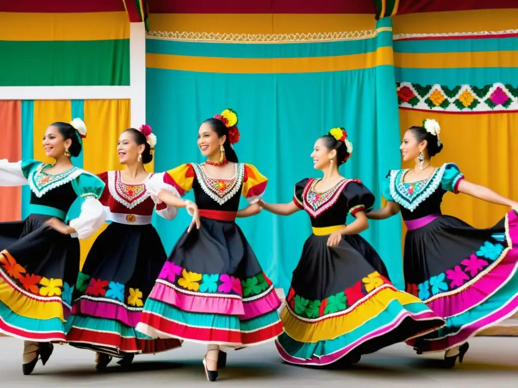 Bailarines de ballet folklórico mexicano ejecutando técnicas tradicionales con pasión y energía en escenario colorido y vibrante