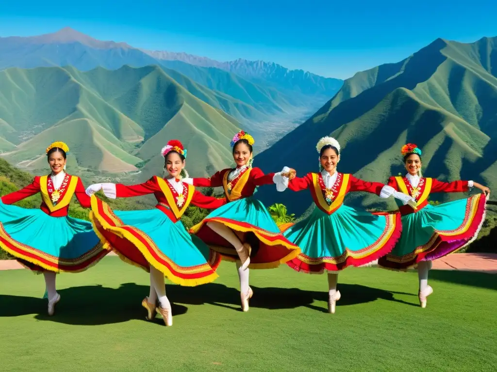 Bailarines de ballet folklórico en trajes tradicionales, danzando con pasión frente a montañas verdes y cielo azul