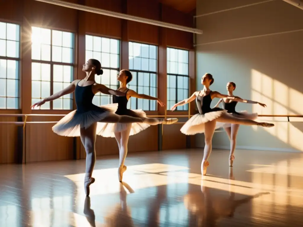 Bailarines de ballet ensayando con gracia y determinación, iluminados por la cálida luz natural